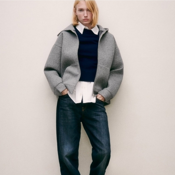 New Zara Soft Neoprene Effect Zip Front Hoodie Bomber Jacket NWT Small - Picture 3 of 16